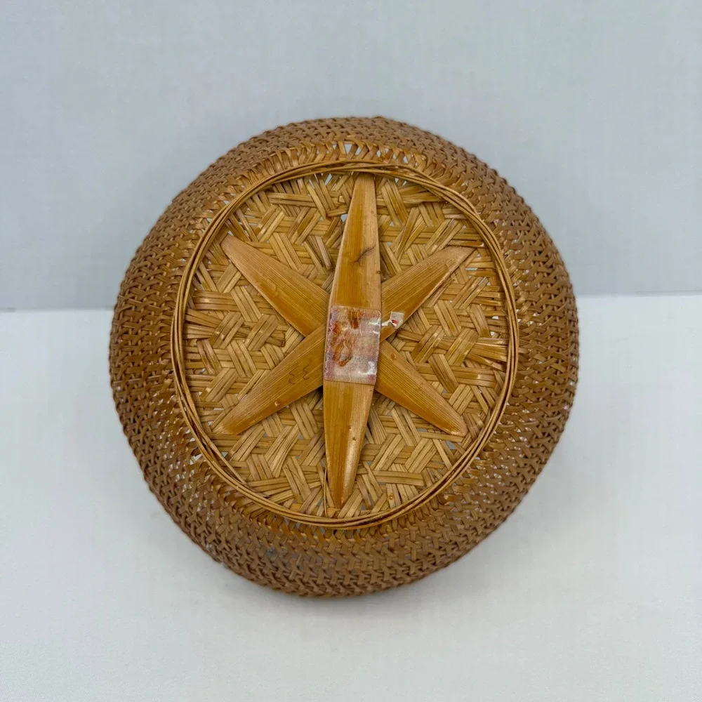 Vintage Woven Bamboo Basket Round Arched Handle Star Base Brown 8.5 Inch